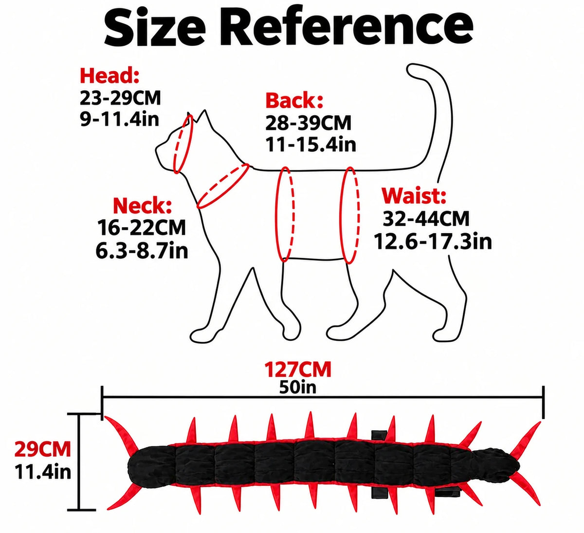 Creepy Crawler Fit size reference - head, neck, back and waist measurements