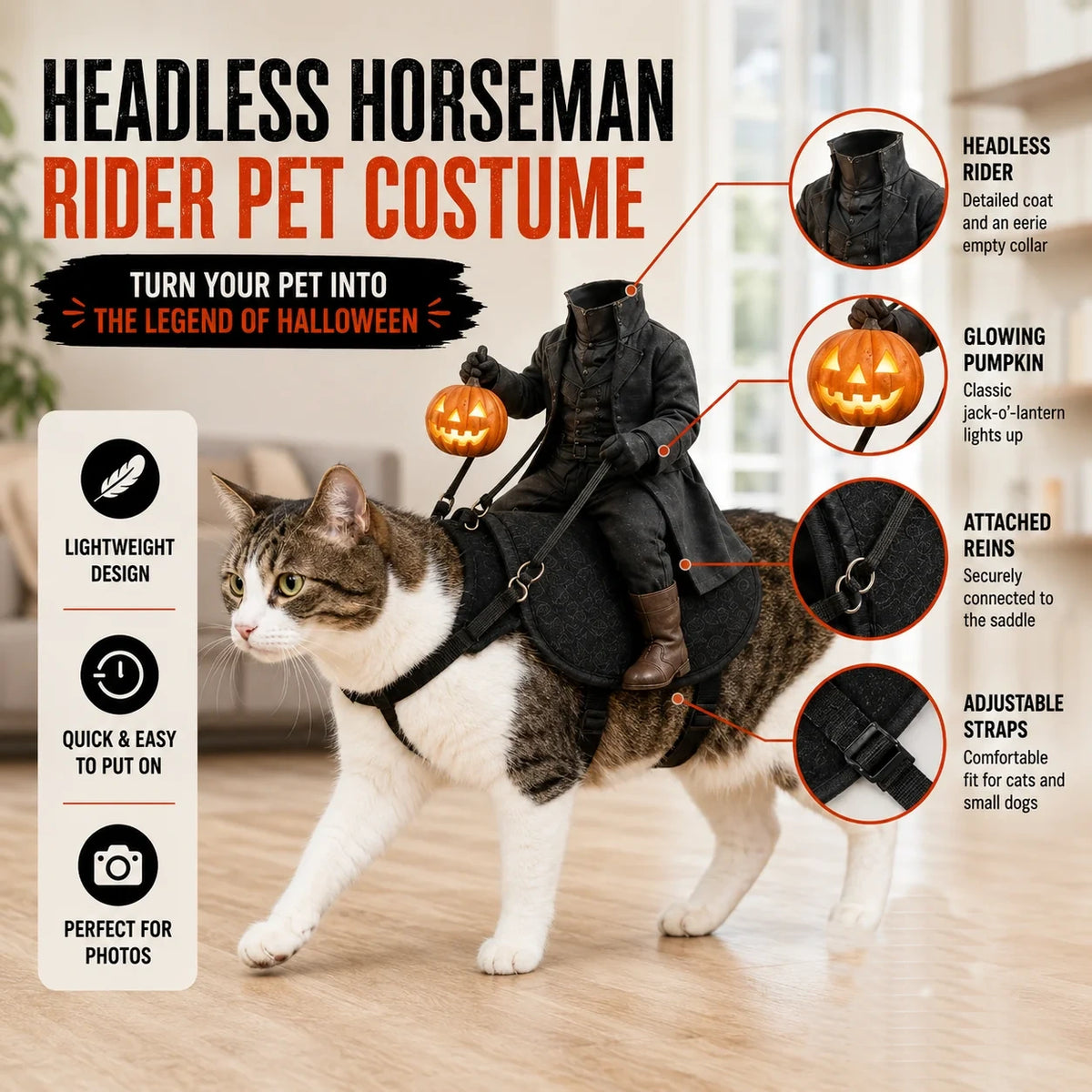 Headless Rider Fit features - detailed coat and empty collar, glowing jack-o-lantern, attached reins, adjustable straps